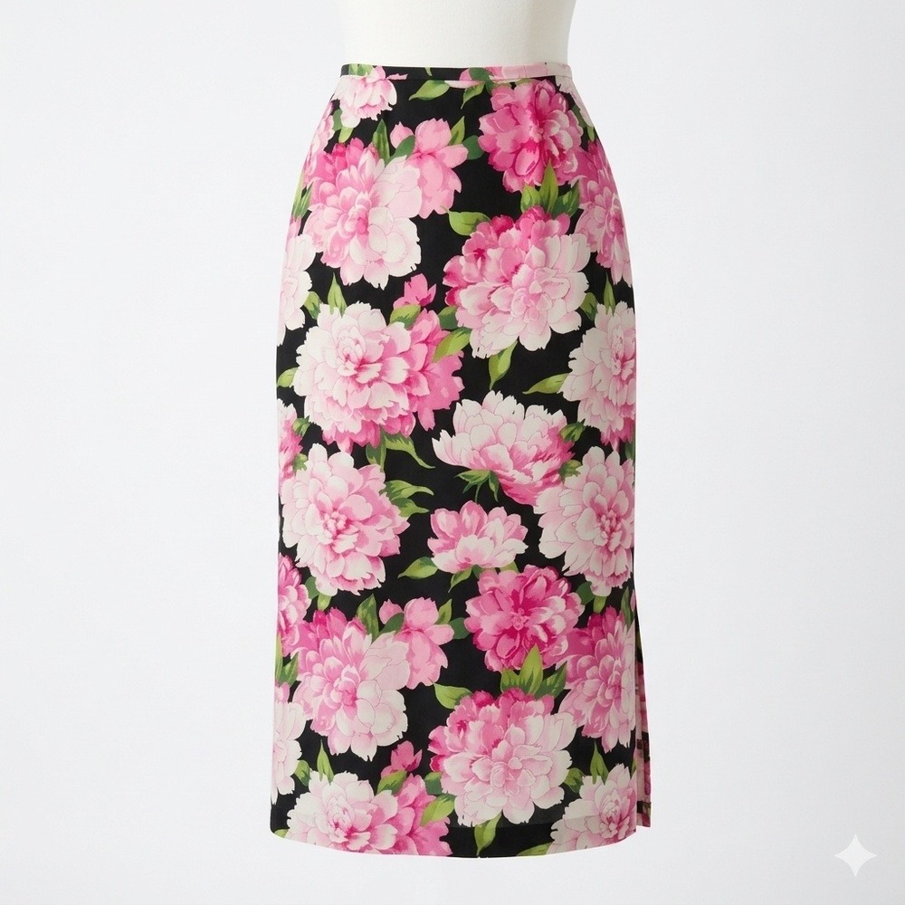 Harold's Women 100% Silk Pink Peony Floral Midi Skirt Black M 6 Romantic Cottage